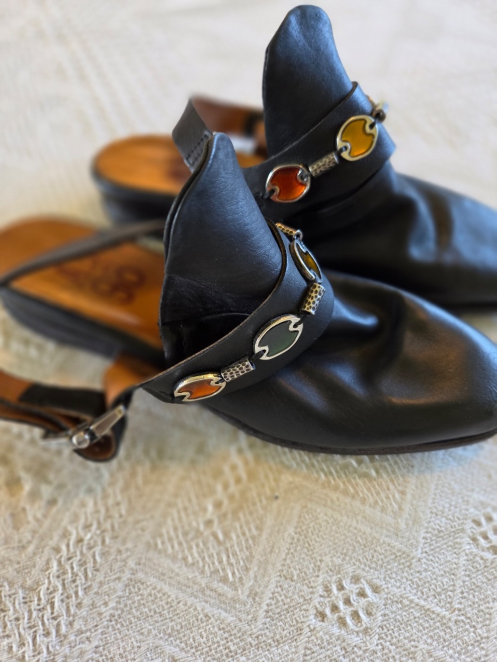 A.S. 98 sling back sandles 5.5 black leather outer and lining faux jewels Italy - Picture 3 of 13